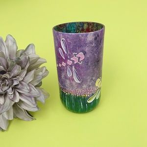 Hand-painted Dragonfly Glass Vase/Holder - Cut Recycled Wine Bottle